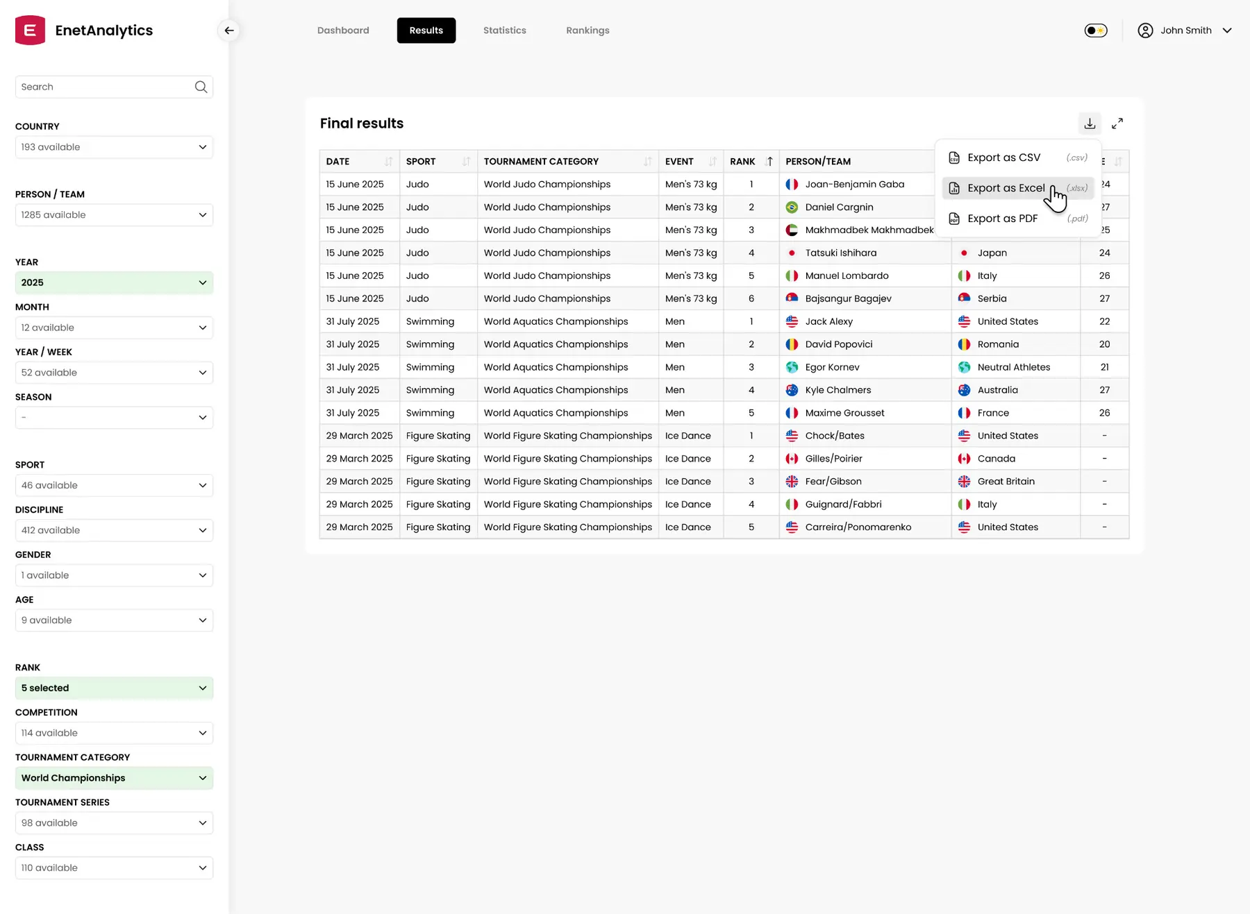 EnetAnalytics results table with export menu