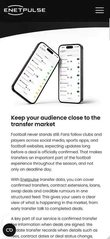 Enetpulse product page on mobile